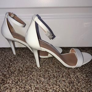 White ankle strap heels